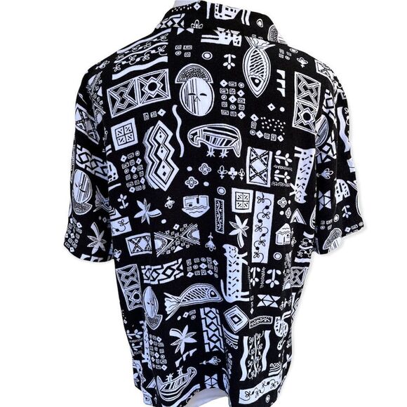 Vintage 80s 90d Koret novelty tribal kitschy print black and white button down M - Picture 3 of 6